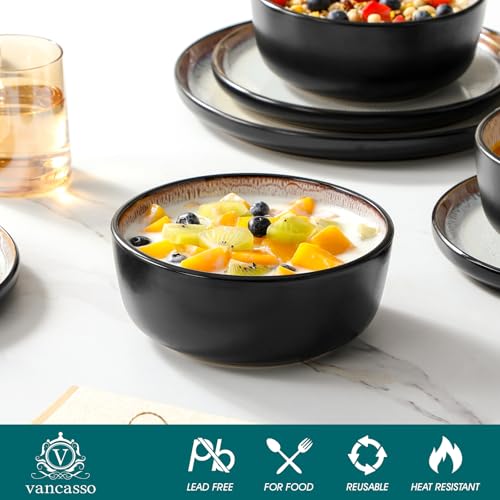 Steingut Geschirr Set 12 Personen Beige, vancasso AMBER Teller Set 12 Personen, Tafelservice 48tlg mit Speiseteller, Dessertteller, Suppenteller, Schüssel, Reaktive Glasur, Hellgelb, Spülmaschinenfest