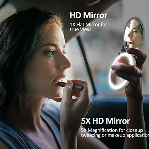 Xinbaohong Led Lighted Travel Makeup Mirror 5X/1X Magnification Compact Mirror, Rechargeable Handheld Mirror, Portable Folding Cosmetic Mirror For Handbag, Purse, Pocket #TOP1