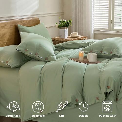 Image of JELLYMONI Cotton Duvet Cover Full Size - Light Green Comforter Cover with Button 100% Washed Cotton 3PCS Breathable Soft Solid Bedding Set Duvet Cover 80x90in & 2 Pillowcases (NO Comforter)