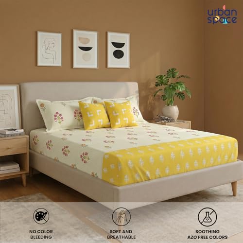 Image of Urban Space Festive Gifting Set - 100% Cotton Double Bedsheet with 2 Pillow Covers and 2 Cushion Covers, Bedsheet Set in Gift Box, 90 x 100 Inch, Magnolia Yellow| Diwali, Festive & Housewarming Gift