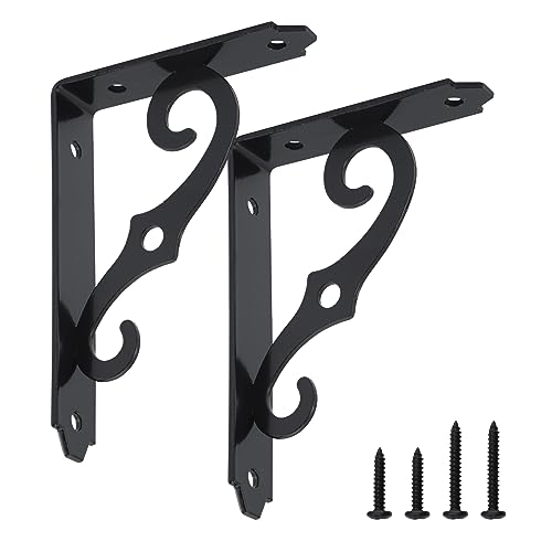 HOME MASTER HARDWARE Decorative Shelf Brackets 5x3-1/2 in Wall Mounted Floating Shelf Bracket L Heavy Duty Support Corner Brace Joint Right Angle Bracket for DIY Open Shelving with Screws Black 2 Pcs