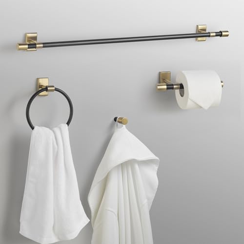 Image of GLOBE Electric 63000058 5-Piece All-in-One Bathroom Accessory Set, Brass & Black, 3-Light Vanity Light, Towel Bar, Toilet Paper Holder, Towel Ring, Robe Hook, Bathroom Lights Over Mirror