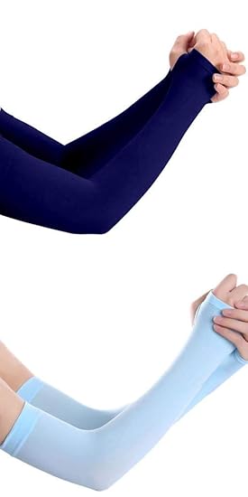 TENDSY Arm Sleeves UV Protection Sunblock Protective with Thumb Hole for Men and Women for Biking, Hiking, Running (Pack of 2 Pairs - Blue and Navy Blue)