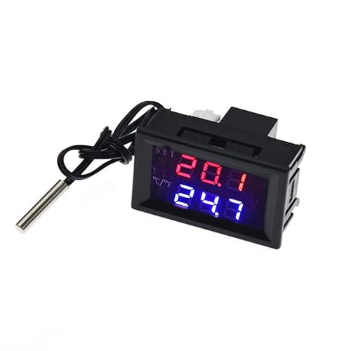 W1209WK Temperature Controller -50 to 110 Celsius (-58 to 230 F) DC 12V Programmable Heating/Cooling Thermostat Control Switch Module NTC Waterproof Sensor Probe Dual Color LED Display Monitor