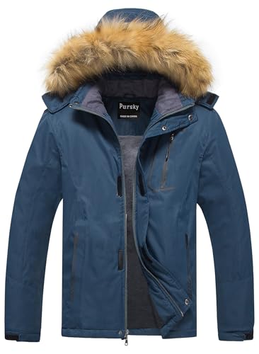 Image of Pursky Men's Waterproof Ski Jacket Winter Snow Coats Fur Hooded Raincoats Parka
