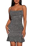 Floerns Women's Glitter Sleeveless Party Ruched Cami Bodycon Mini Dress Silver Petite XXS