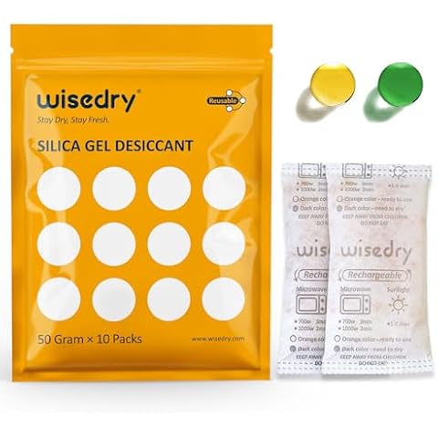wisedry 50 Gram [10 Packs] Silica Gel Packets Microwave Fast Reactivate Desiccan Packs with Indicating Beads Cover