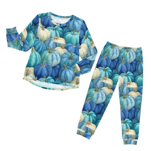 Blue Teal Pumpkins Autumn Soft Pajama Set for All Seasons,Breathable Pjs Long Sleeve Sleepwear,Comfy Loungewear 2 Piece Underwear Set 8T