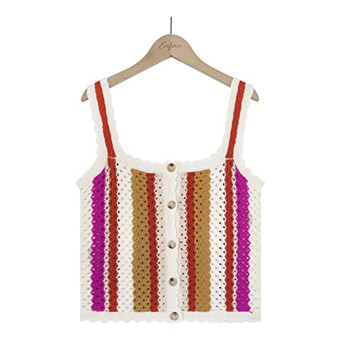 Camiseta de Punto sin Mangas para Mujer Camiseta de Tirantes de Ganchillo sin Mangas para Verano Elegante Camiseta de Tirantes con Bloques de Color Camiseta de Tirantes de Playa a Rayas Casual Tops