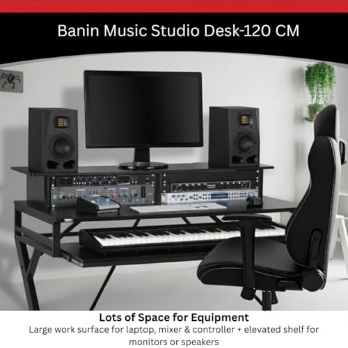 Image of TEKAVO Banin Studio Table for Music Production | with Monitor Riser + Long Keyboard Tray | Desk for Editing Studio, Gaming, Workstation | 120 cm X 60 cm