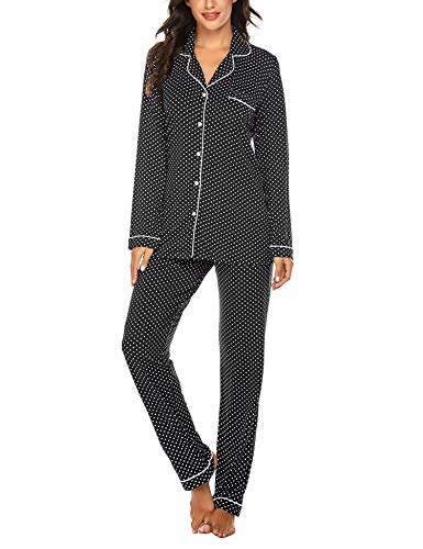Ekouaer Women's Pajamas Sets Long Sleeve Sleepwear Cotton Polka Dot Lounge Sets(Black With White Dots,Medium) #TOP7