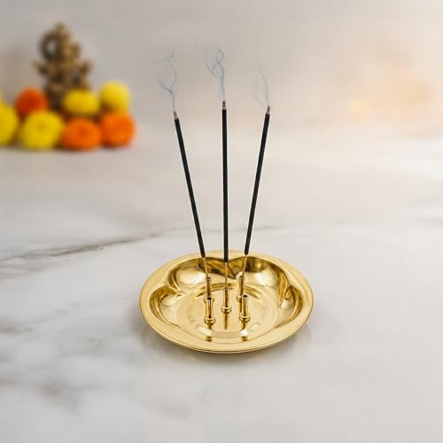 Brass Agarbatti Stand Bowl for Pooja|Incense Stick Holder with As...