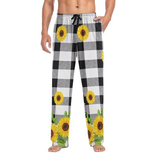 Black White Plaid Sunflower Lightweight Stretch Men Pajama Pants, Mens Lounge Pants with Pockets S3