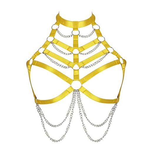 BBOHSS Sujetador de arnés para el Cuerpo para Mujer, Sujetador de Cadena de Metal Punk Hueco de Talla Grande, Traje de Baile gótico de Navidad, Carnaval y Halloween (Naranja Amarillo)