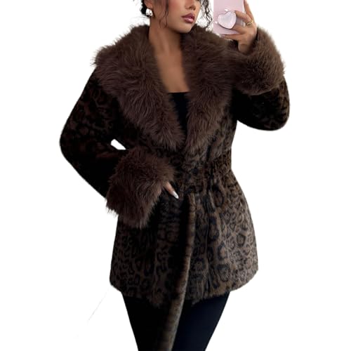 Women's Leopard Print Fluffy Faux Fur Coat Winter Shaggy Open Front Casual Oversized Lapel Jacket Warm Outerwear
