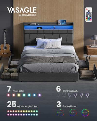Image of VASAGLE Queen Bed Frame with 51.4 Inch Tall Storage Headboard, Bed Frame Queen Size with 4 Storage Drawers on Wheels, LED Lights, Charging Station, No Box Spring Needed, Modern, Dark Gray URMB891G02
