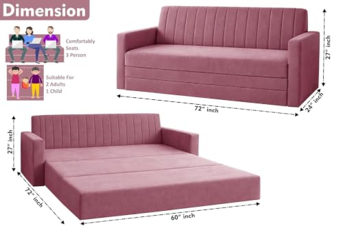 Image of Sofa-Cum-Bed | 3-Seater Foldable Sofa Cum Bed Armrest | Velvet Fabric Sofa for Living Room, Bedroom & Office-Rose Pink