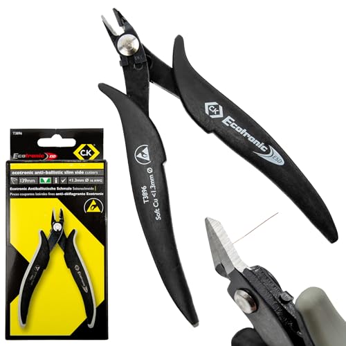 C.K Tools Ecotronic ESD Anti-Ballistic Precision Side Cutters 140mm, 1.3mm Copper Capacity, Anti FOD Slim Flush Wire Cutter for Electronics PCB Aerospace Avionics, Hardened Steel, CK T3896