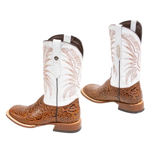Men's Cowboy Boots Hand Tooled Print Cognac/White Top EXTRA WIDE SQUARE TOE3