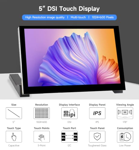 Image of waveshare 5inch Capacitive Touch Display, compatilbe with Raspberry Pi 5 /4B /3B /CM4 /3, DSI Interface, IPS Panel, 1024x600 Pixels, Toughened Glass Panel, No Driver Required