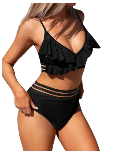 SweatyRocks Women's 2 Piece Solid Ruffle Bikini Ruched Tummy Control Bathing Suits2