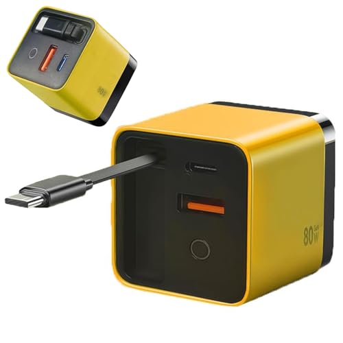 3 in 1 Gan Charger Scalable 80w Max Fast Charger Module with Type-C Cable and 2 USB Ports for iPhone Torbe 80 Watt All in One Retractable Phone Wall Plug (Yellow)