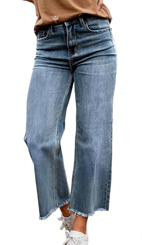 CHARTOU Women Lightweight Summer Denim Jeans Frayed Raw Cut Straight Leg Cropped Denim Pants