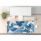 Woutay Desk Mat,Blue and White Waves,Mousepad with Non-Slip Base,Large Mouse Mat