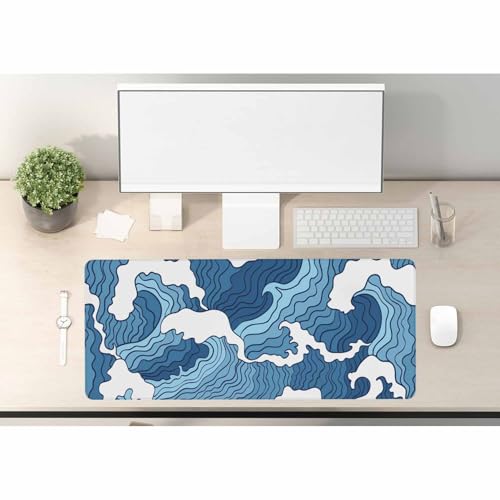 Image of Woutay Desk Mat,Blue and White Waves,Mousepad with Non-Slip Base,Large Mouse Mat