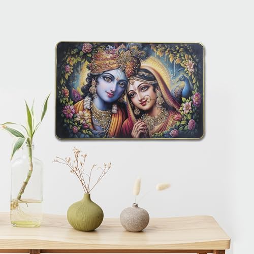 Image of Masstone Radha Krishna Crystal Embedded High Gloss Wall Painting, Golden Slim Frame, 45x30 Cm Wall Art for Living Room, Bedroom, Office & Home Decor (CRG57)