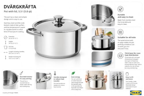 Image of DVARGKRAFTA Stainless Steel Pot with Lid, 5.5 L, Induction Compatible, Thick Aluminium Base, 24 cm Diameter, Stackable Design, Gas Hob Compatible