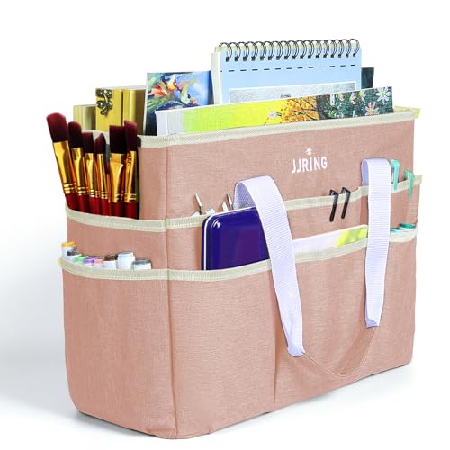 Image of JJRING Craft Organizer Tote Bag, Large Art Storage Caddy with Multiple Pockets, Beige Sewing Bag for Art, Craft, Scrapbooking, School, Medical, and Office Supplies Storage