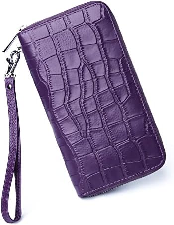 Utenwat Womens Wallets Large Capacity RFID Blocking Genuine Leather Wallet for Women Zip Clutch Card Holder with Wristlet Purple