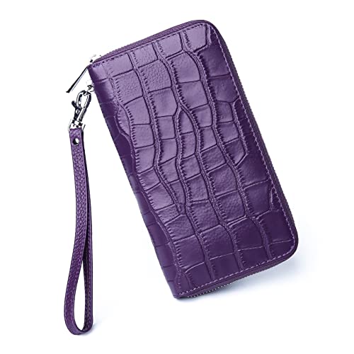 Utenwat Womens Wallets Large Capacity Rfid Blocking Genuine Leather Wallet For Women Zip Clutch Card Holder With Wristlet Purple #TOP24