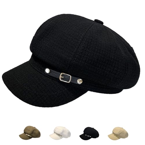 Women's Newsboy & Beret Hats, Classic Retro Wool Blend Winter Cap with Decorative Buckle, Vintage Style Ladies Fashion Hat (Black)