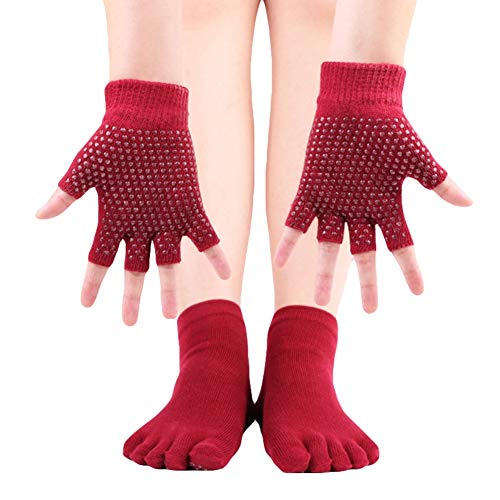 Women's Yoga Gloves and Socks, 1 Pair Cotton Yoga Toe Socks Nonslip Gloves Set Non Slip Travel Yoga Mat for Hands and Feet