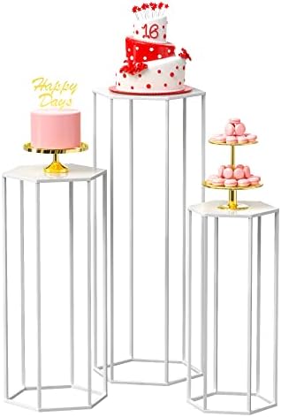 Set Of 3 Cylinder Pedestal Stands - Rose Gold Metal Display Stands For Cakes, Plants, Decor (Tall, Medium, Small)
