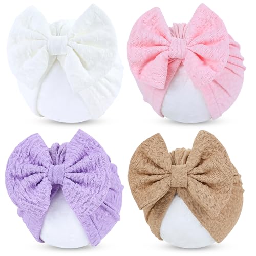 Cinaci 4 Pieces Soft Stretchy Turban Hats with Bow Nursery Hospital Caps Bonnets Beanies Headwraps for Baby Girls Newborns Infants Toddlers