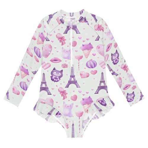 Eiffel Tower Ice Cream Heart Girls Long Sleeve Swimsuit UPF 50+ Rashguard Swimwear One Piece Bathing Suit 21220353