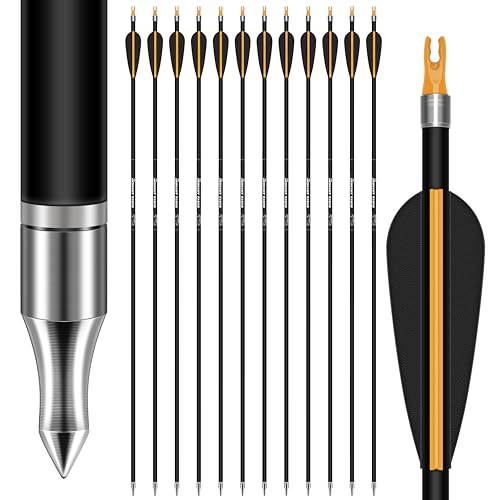 SUNYA Archery Hunting Arrows for Compound Bow and Recurve Bow. 30IN Carbon Shaft Spine 400/500 with Removable Tips. 12PCSPack (Black(Golden Nock) Spine 500-30Inch)