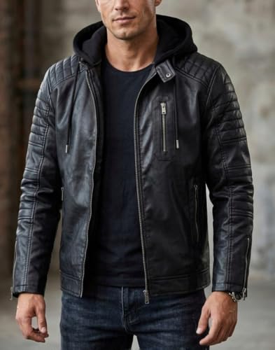Image of Blaq Ash Men's Faux Leather Biker Jacket with Removable Hood, Quilted Shoulder, Dark Brown