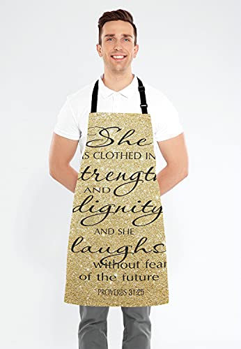 Lefolen Proverbs 31:25 Adjustable Bib Apron Bible Verse Gold Sparkles Glitter Pattern Print Cooking Kitchen Apron For Men Women #TOP3