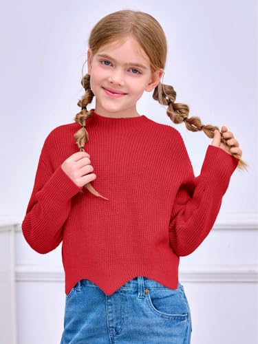 Image of Haloumoning Girls Mock Neck Sweaters Kids Fall Fashion Long Batwing Sleeve Rib Knit Pullover Clothes 5-14 Years