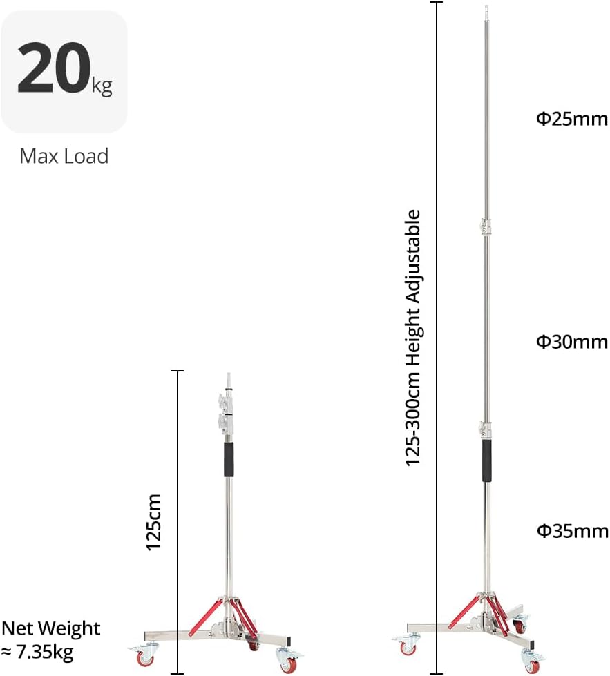 AMBITFUL Heavy Duty Light Stand with Casters, 100% Stainless Steel Max Height 10ft/305cm, Photography Wheeled Base Stand for Studio Softbox, Monolight, Reflector（AS-300