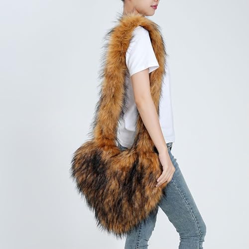 Womens Faux Fur Shoulder Bag Furry Purse Handbag Crossbody Bag Heart Shaped with Shoulder Strap2