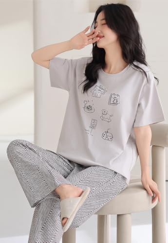 Image of GLASGO Women's Cotton Pajama Set with Top & Pants|| Korean Night Suit|| Lightweight Printed Set || Soft & Comfy Sleepwear for Girls & Women || LNS-3-$
