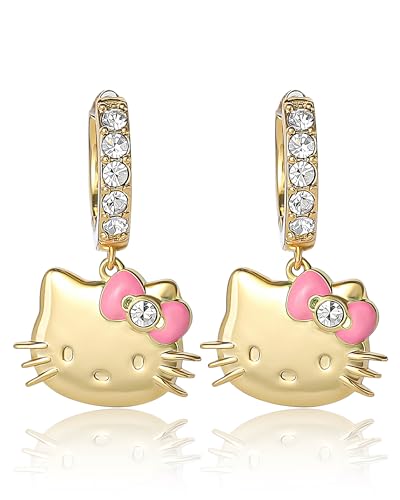 Hello Kitty Earrings for Women Official License, 18k Gold Flash-Plated and Pave Crystal Hoop Earrings with Dangle Charm