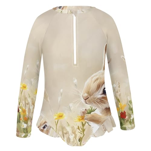 Flowers Rabbit Oil Painting Girls Long Sleeve Swimsuit Rash Guard One Piece Bathing Suits Zipper 3-12T2