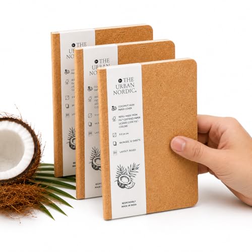 Image of Pocket Notebook A6 Pack of 3 | 9 x 14 cm Compact Ruled Notebooks for Daily Notes, Office & Travel | Coconut Husk Paper Cover | FSC Recycled Pages