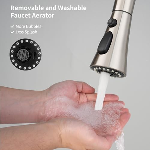Hibbent 3-Function Pull Down Kitchen Faucet Head Replacement with 12 Adapters, NSF/ANSI/CAN 61 & CUPC Certified Sink Spray Nozzle, Compatible with Moen, Delta, Kohler Faucets, Brushed Nickel - 3